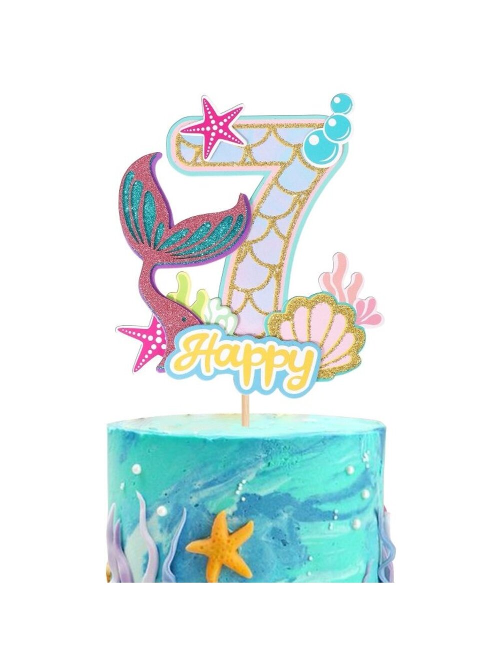 1 PCS Mermaid 7th Happy Birthday Cake Topper Glitter Decoration Party NEW